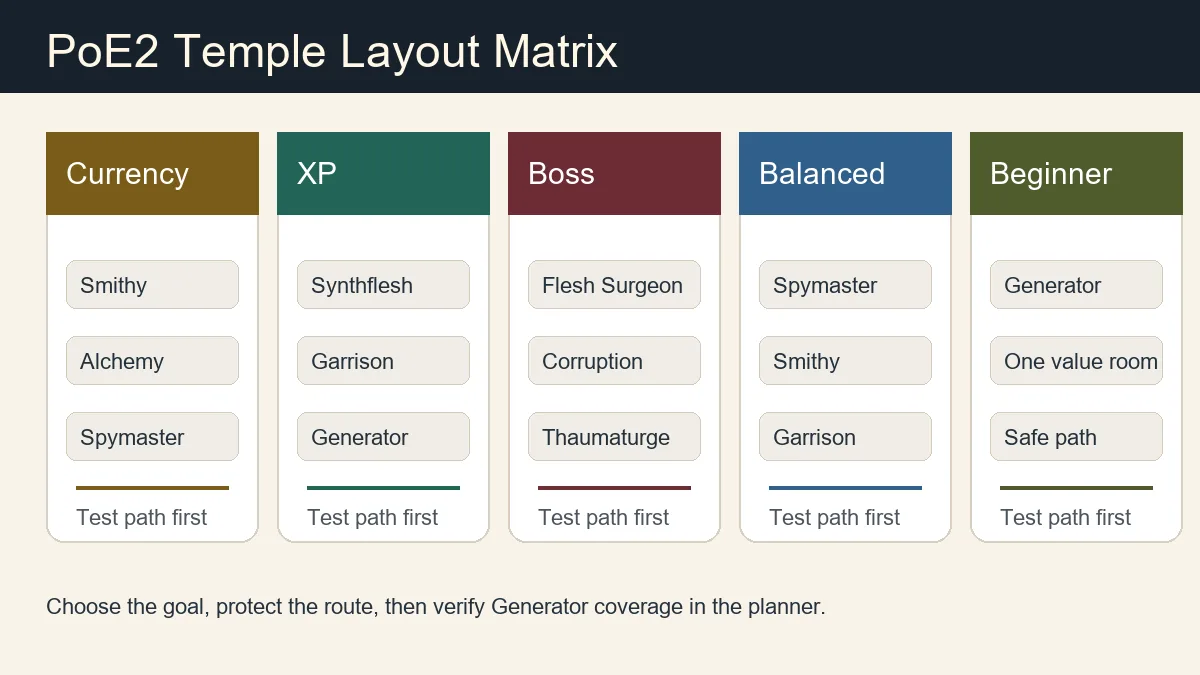 PoE2 Temple layout matrix for currency, XP, boss, balanced, and beginner setups