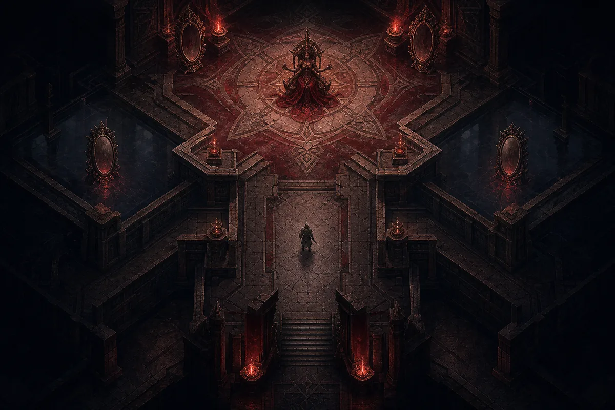 Illustrazione editoriale di una rotta verso l'arena di Atziri in PoE2, non uno screenshot di gioco
