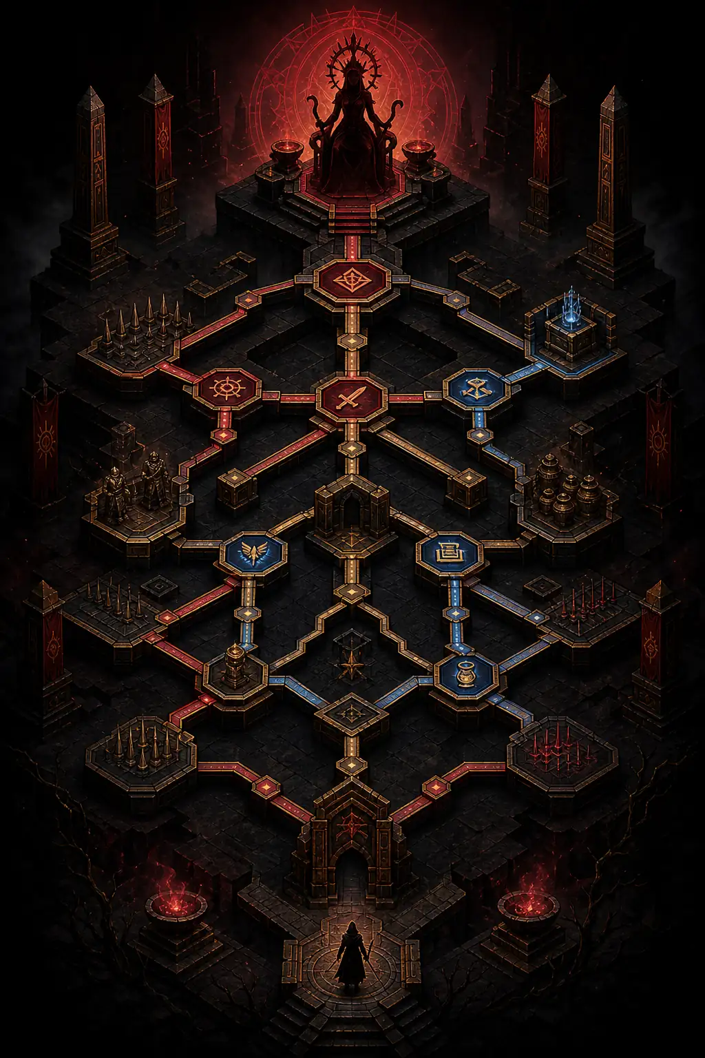 Editoriale PoE2-Atziri-Illustration mit Tempelroute zu einer Bossarena