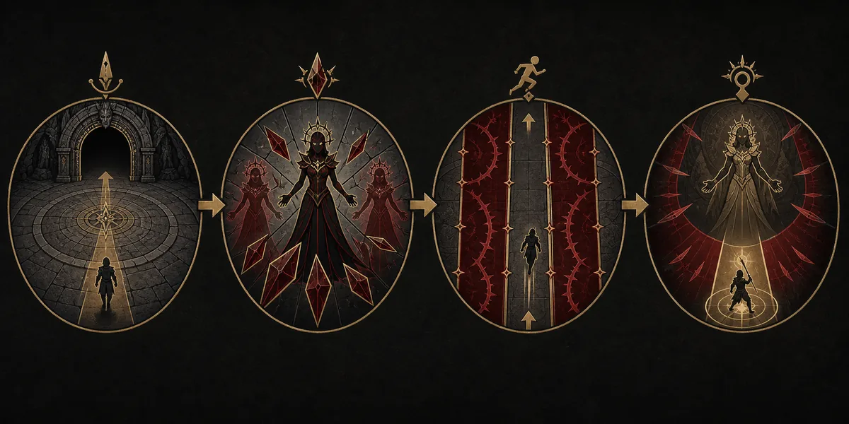 Editorial step-flow illustration for PoE2 Atziri mechanics, not a gameplay screenshot