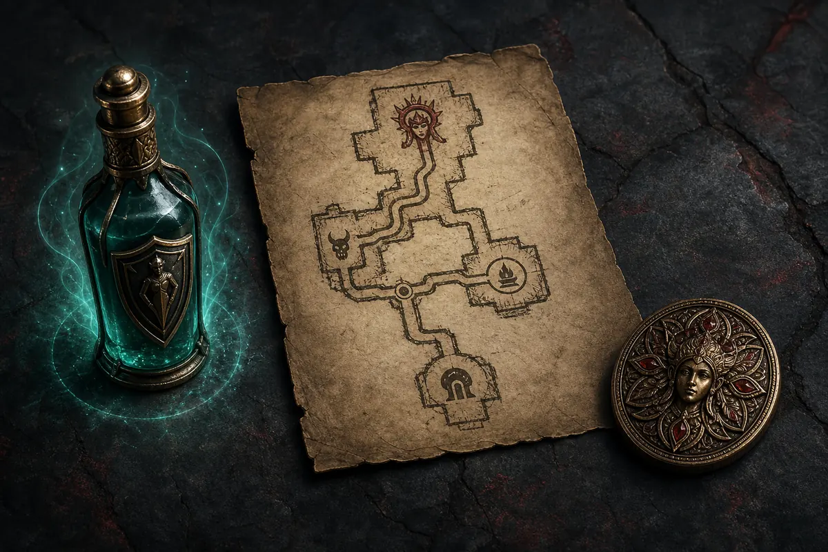 Editorial planning illustration with flask, route map, and reward token for PoE2 Atziri readiness