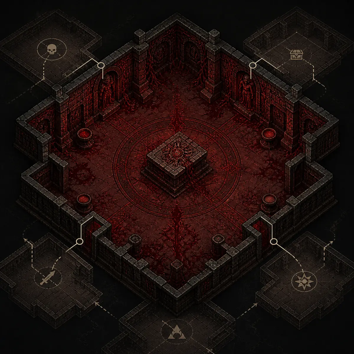 Editorial PoE2 Crimson Hall temple room planning graphic with a red corruption chamber and connected tiles