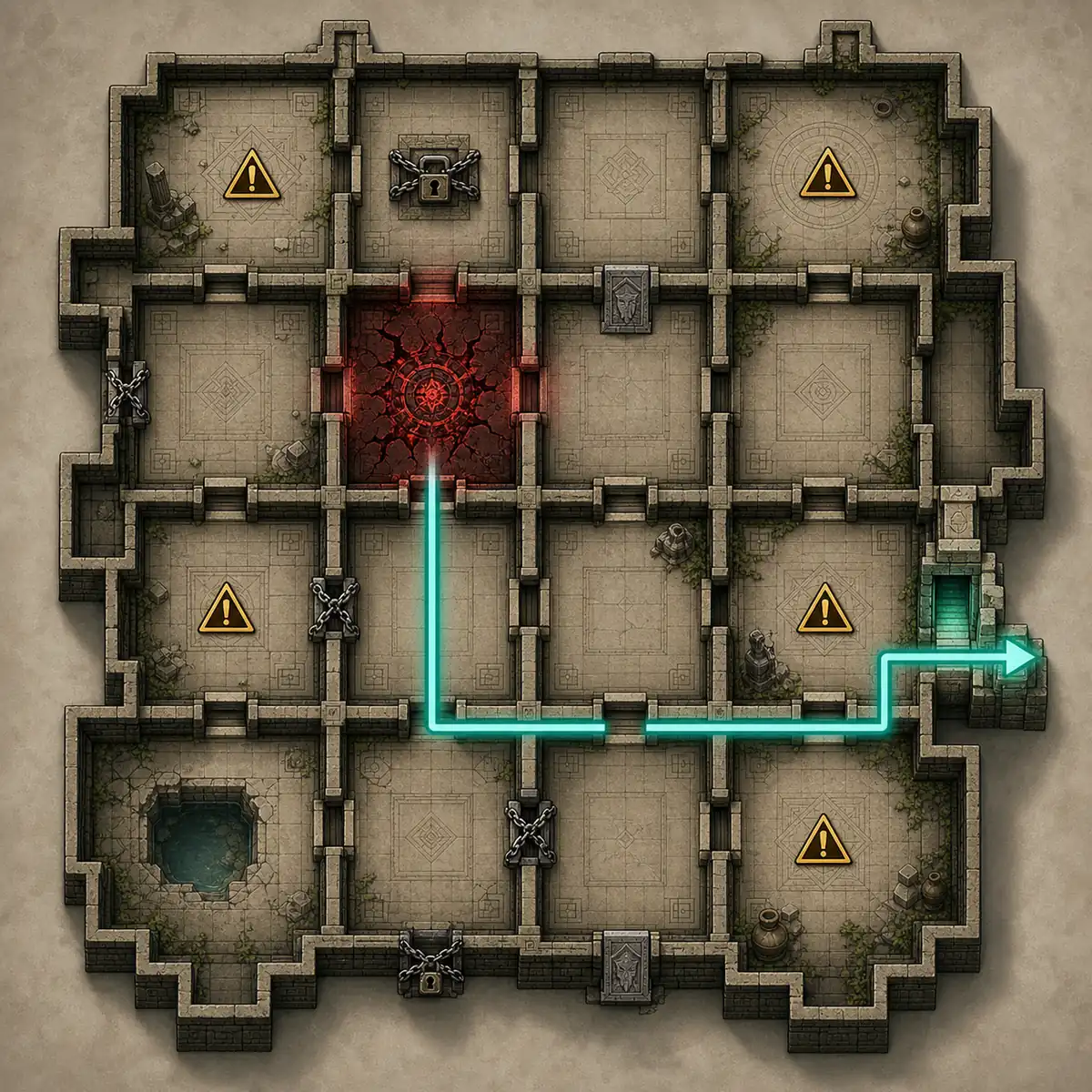 PoE2 Crimson Hall troubleshooting illustration with a highlighted red room and salvage path