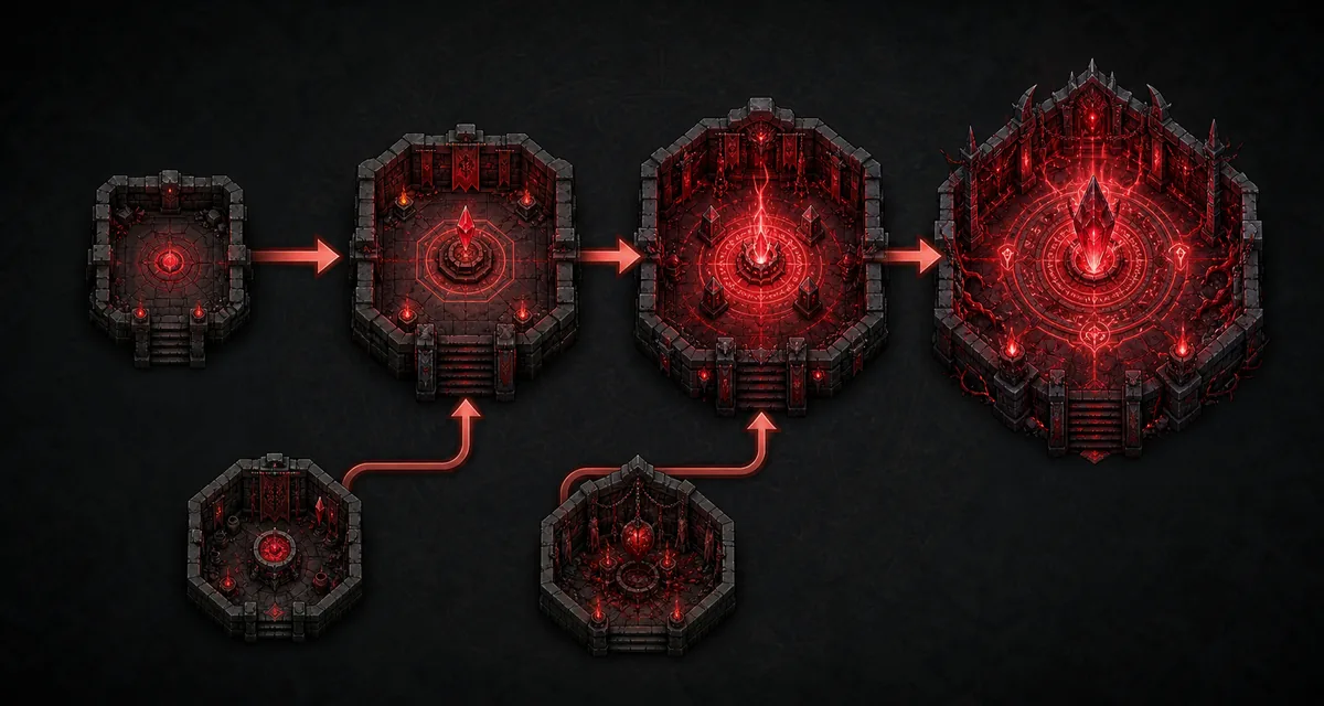 Editorial diagram of a PoE2 Crimson Hall upgrade path with connected corruption support rooms