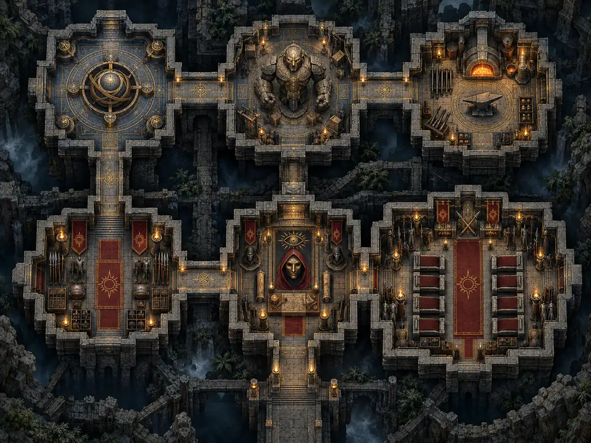 Concept illustration of a branching stone Temple route, labeled as an editorial illustration rather than gameplay
