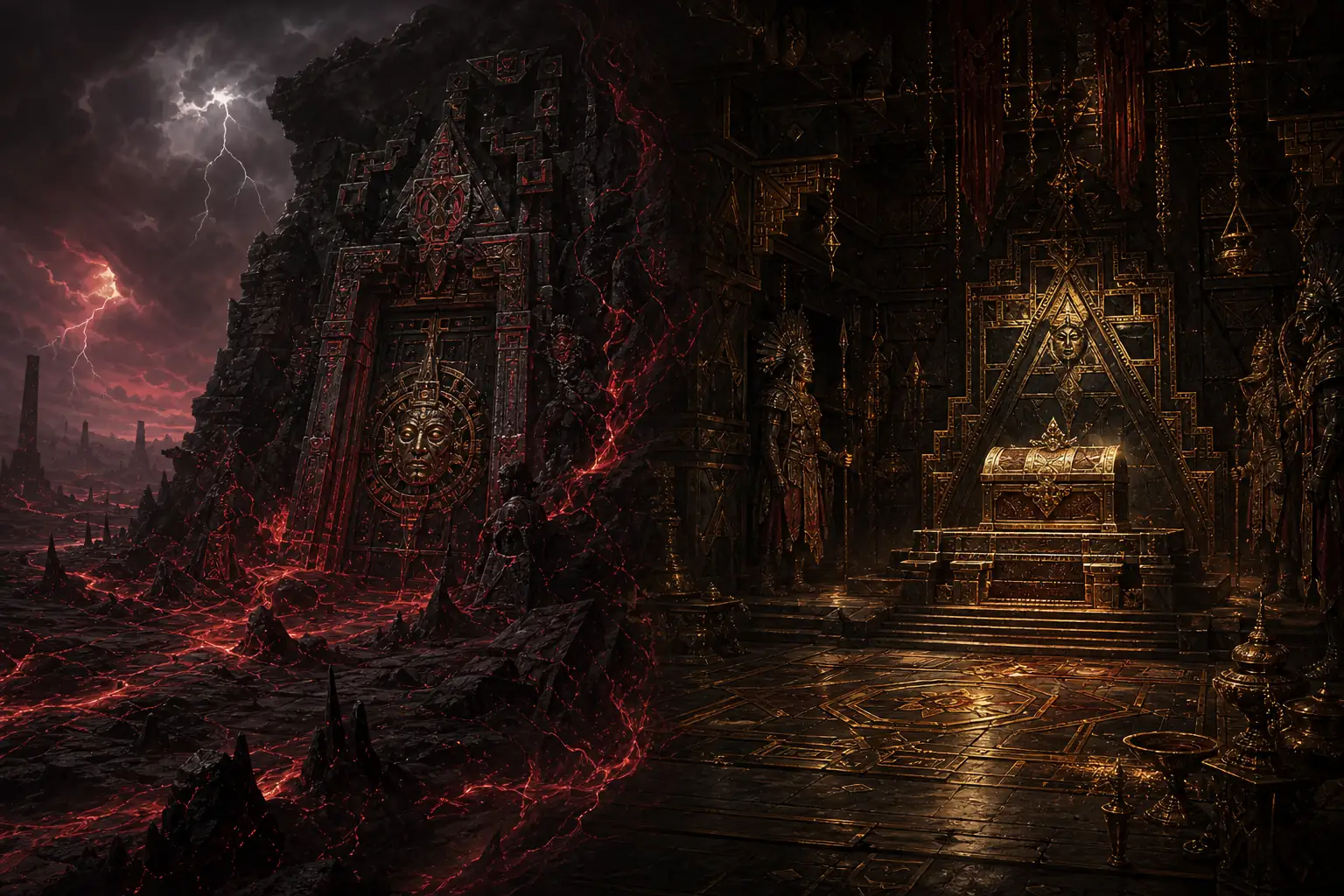 Ilustração editorial da entrada do Atlas e da sala do Templo de Sealed Vault
