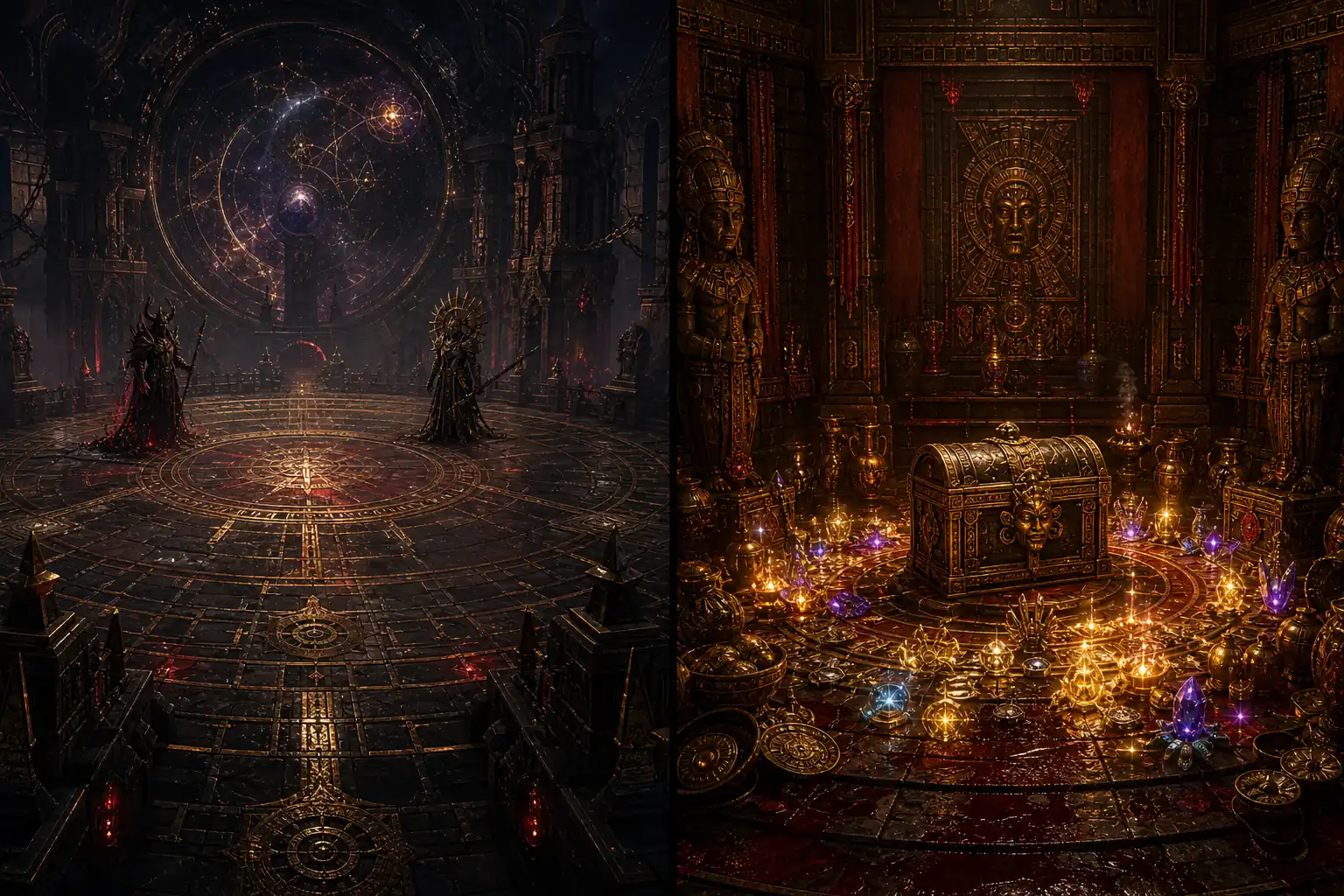Ilustração editorial da entrada do Atlas e da sala do Templo de Sealed Vault