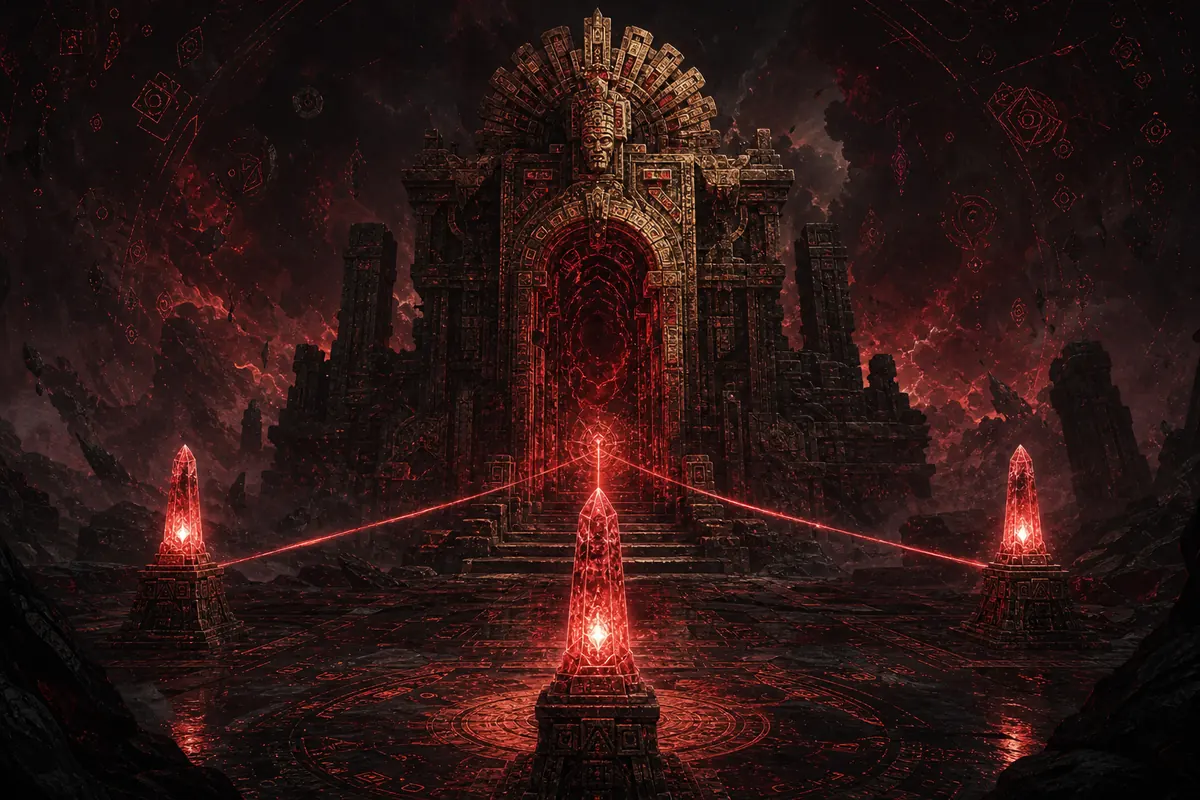 Illustration éditoriale de trois balises vaal alimentant le portail du Temple d'Atziri