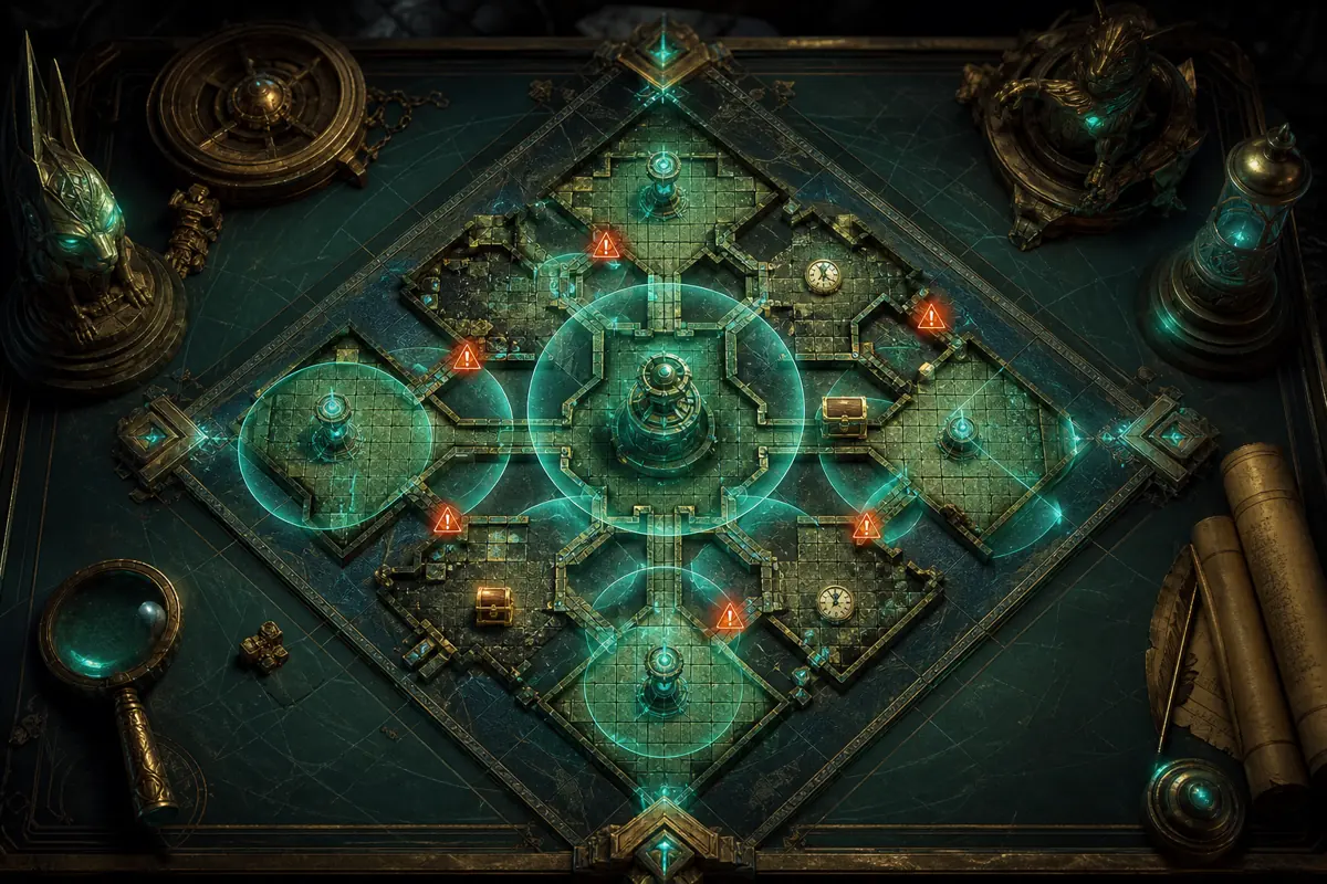 Carte de diagnostic du Temple PoE2 montrant des routes de farming cassees et la couverture du Generator