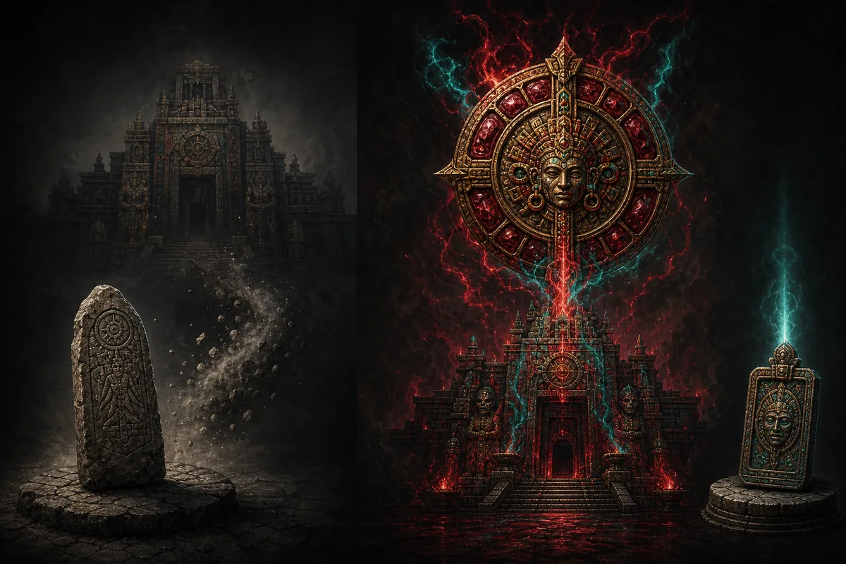 Comparaison éditoriale entre Pierre de voie, Temple, médaillon et tablette